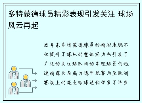 多特蒙德球员精彩表现引发关注 球场风云再起