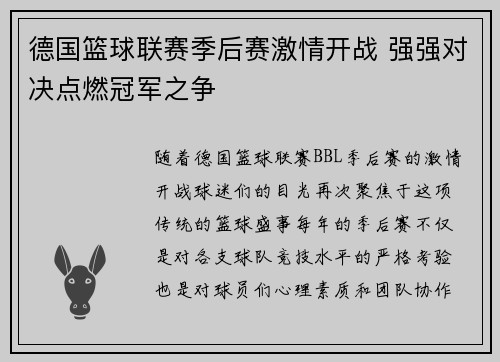 德国篮球联赛季后赛激情开战 强强对决点燃冠军之争