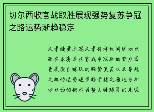 切尔西收官战取胜展现强势复苏争冠之路运势渐趋稳定
