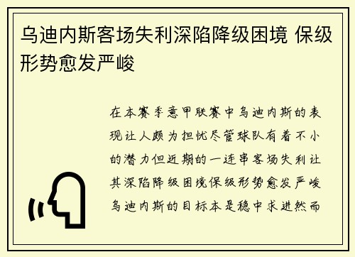 乌迪内斯客场失利深陷降级困境 保级形势愈发严峻