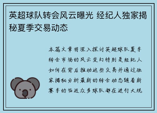 英超球队转会风云曝光 经纪人独家揭秘夏季交易动态