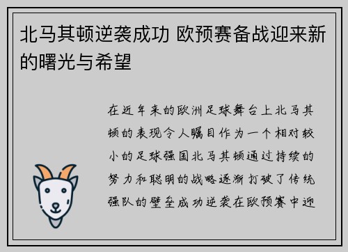 北马其顿逆袭成功 欧预赛备战迎来新的曙光与希望