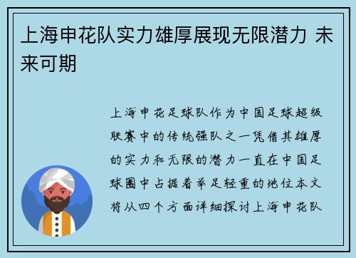 上海申花队实力雄厚展现无限潜力 未来可期