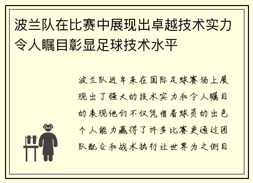 波兰队在比赛中展现出卓越技术实力令人瞩目彰显足球技术水平