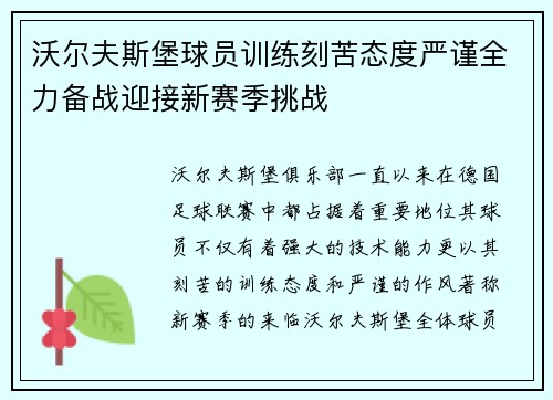 沃尔夫斯堡球员训练刻苦态度严谨全力备战迎接新赛季挑战 沃尔夫斯堡球员训练刻苦态度严谨全力备战迎接新赛季挑战