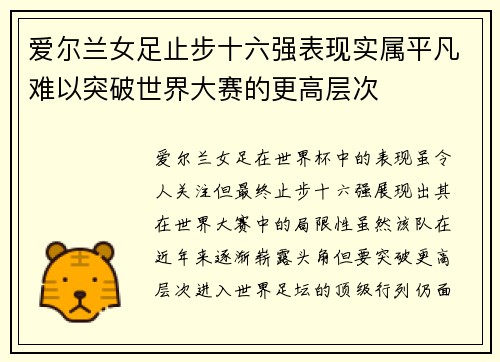 爱尔兰女足止步十六强表现实属平凡难以突破世界大赛的更高层次